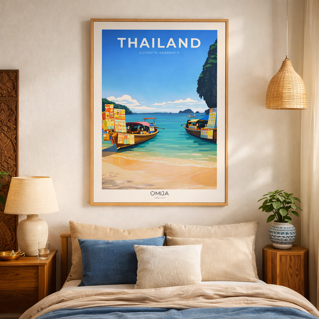 Affiche voyage Thaïlande authentique – Poster mural tropical inspiré de nos voyages, idée cadeau déco bord de mer élégante