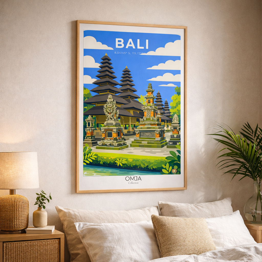 Affiche Bali – Temple Balinais & Évasion Tropicale | Poster Voyage Indonésie | Déco Murale Bohème Chic
