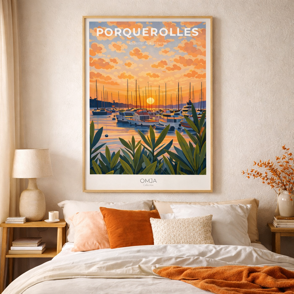 Affiche Porquerolles – Port au Coucher de Soleil & Ambiance Méditerranéenne | Poster Voyage Bord de Mer