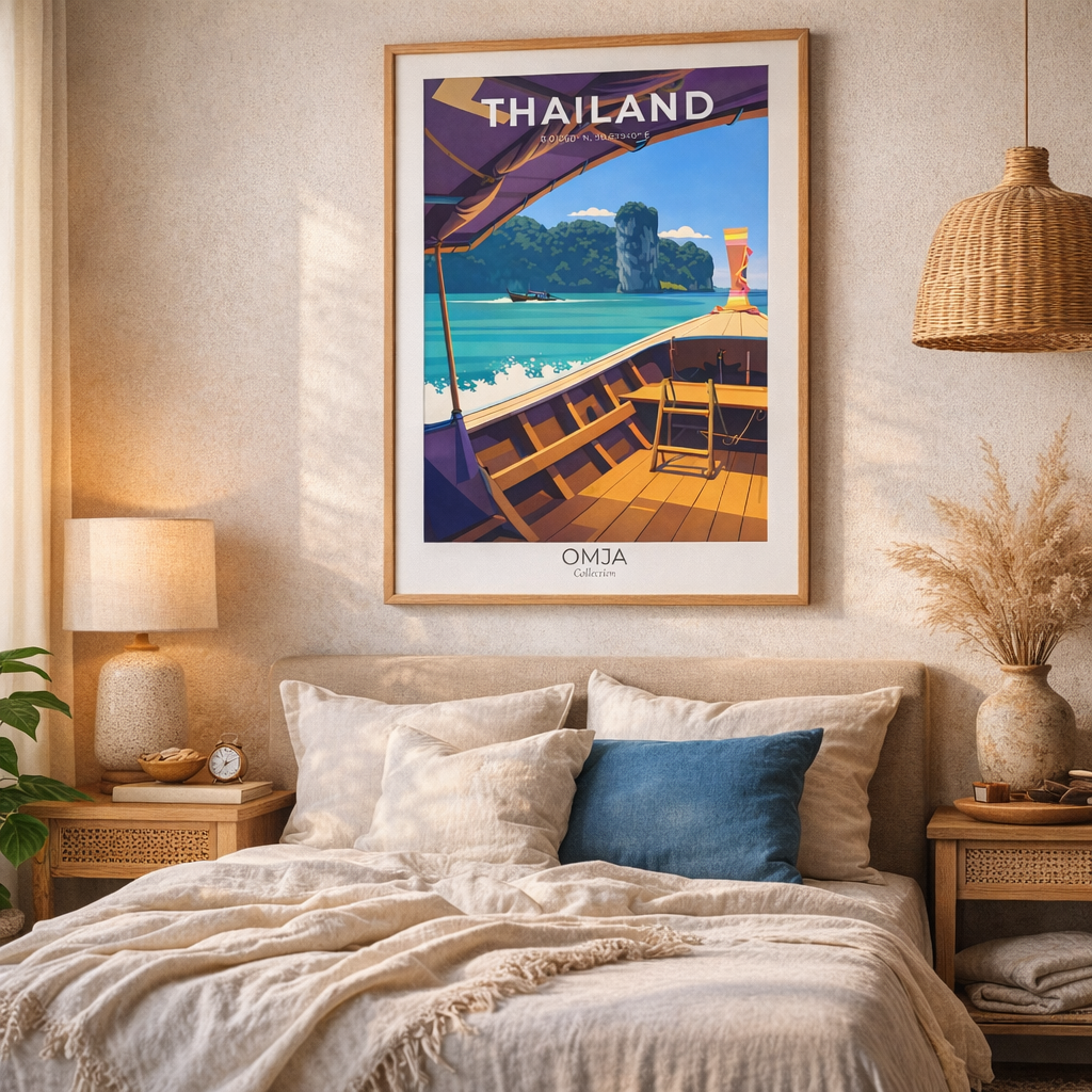 Affiche Thaïlande Krabi – Longtail boat sur la mer d’Andaman | Poster voyage premium | Déco murale bohème chic