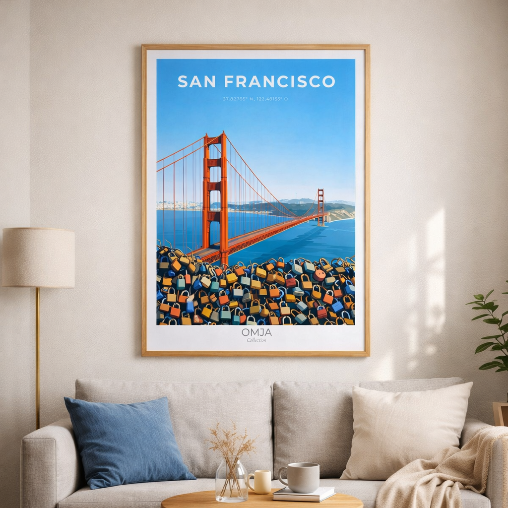 Affiche San Francisco – Golden Gate & Cadenas d’Amour | Poster Voyage Déco Murale Moderne