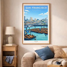 Affiche San Francisco – Pier 39 & Lions de Mer | Poster Voyage Déco Murale