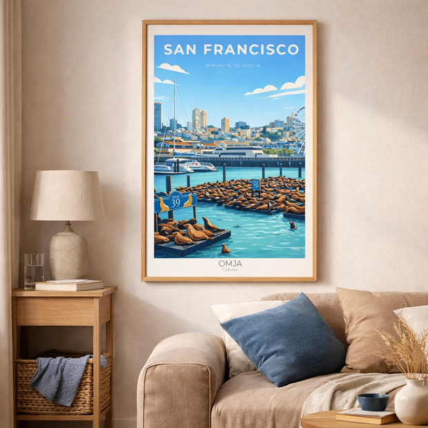 Affiche San Francisco – Pier 39 & Lions de Mer | Poster Voyage Déco Murale