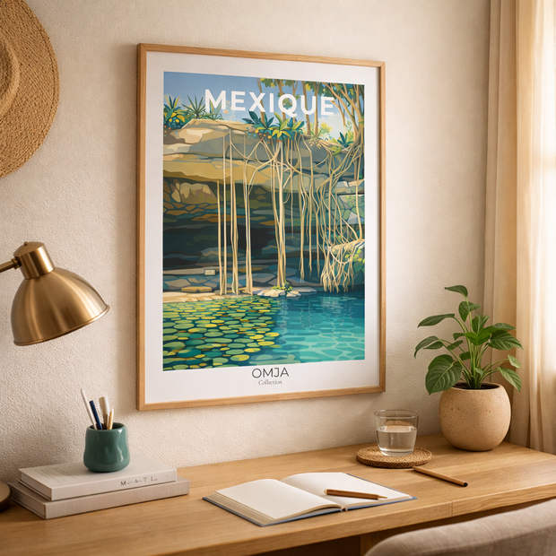 Affiche Mexique – Cénote Tropical & Racines Suspendues | Poster Voyage Nature Déco Murale