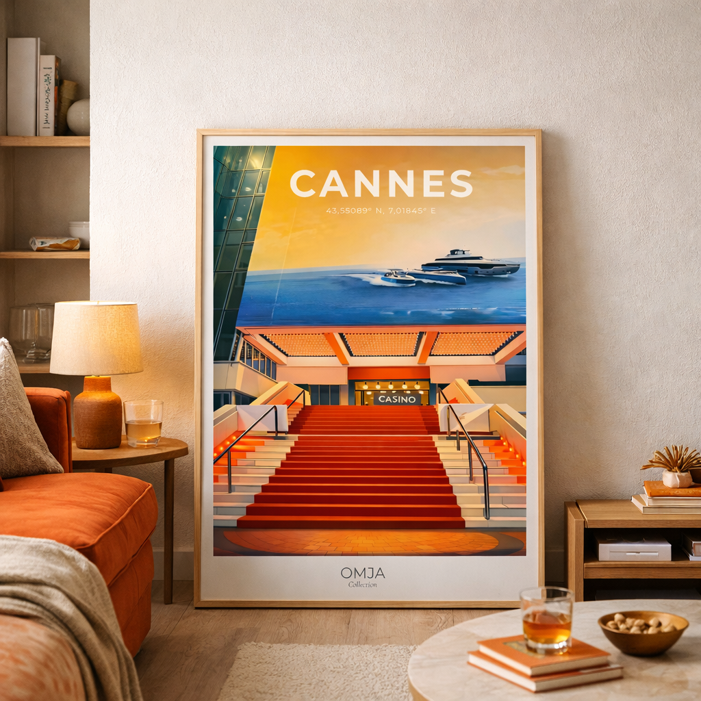 Affiche Cannes – Poster Côte d’Azur, ambiance Festival, déco chic méditerranéenne, cadeau voyage