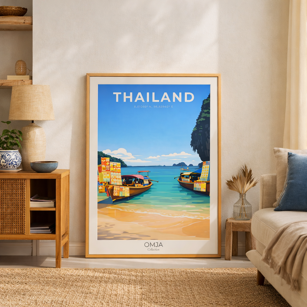 Affiche voyage Thaïlande authentique – Poster mural tropical inspiré de nos voyages, idée cadeau déco bord de mer élégante