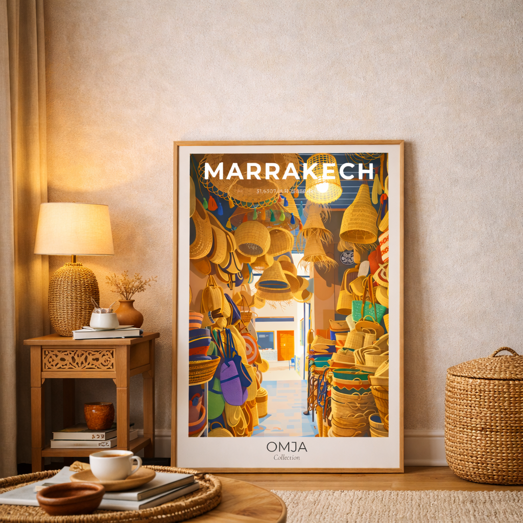Affiche Marrakech Maroc – Esprit souk & artisanat, poster voyage chaleureux, déco bohème chic