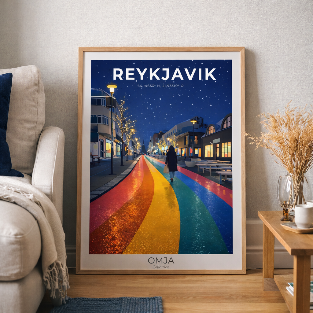 Affiche Reykjavik Arc-en-Ciel – Rue Colorée de Nuit en Islande | Poster Voyage Scandinave Moderne