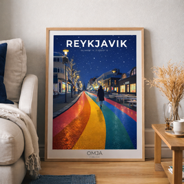 Affiche Reykjavik Arc-en-Ciel – Rue Colorée de Nuit en Islande | Poster Voyage Scandinave Moderne