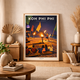 Affiche Koh Phi Phi Thaïlande – Nuit tropicale & spectacle de feu sur la plage, poster voyage photo authentique, déco bohème