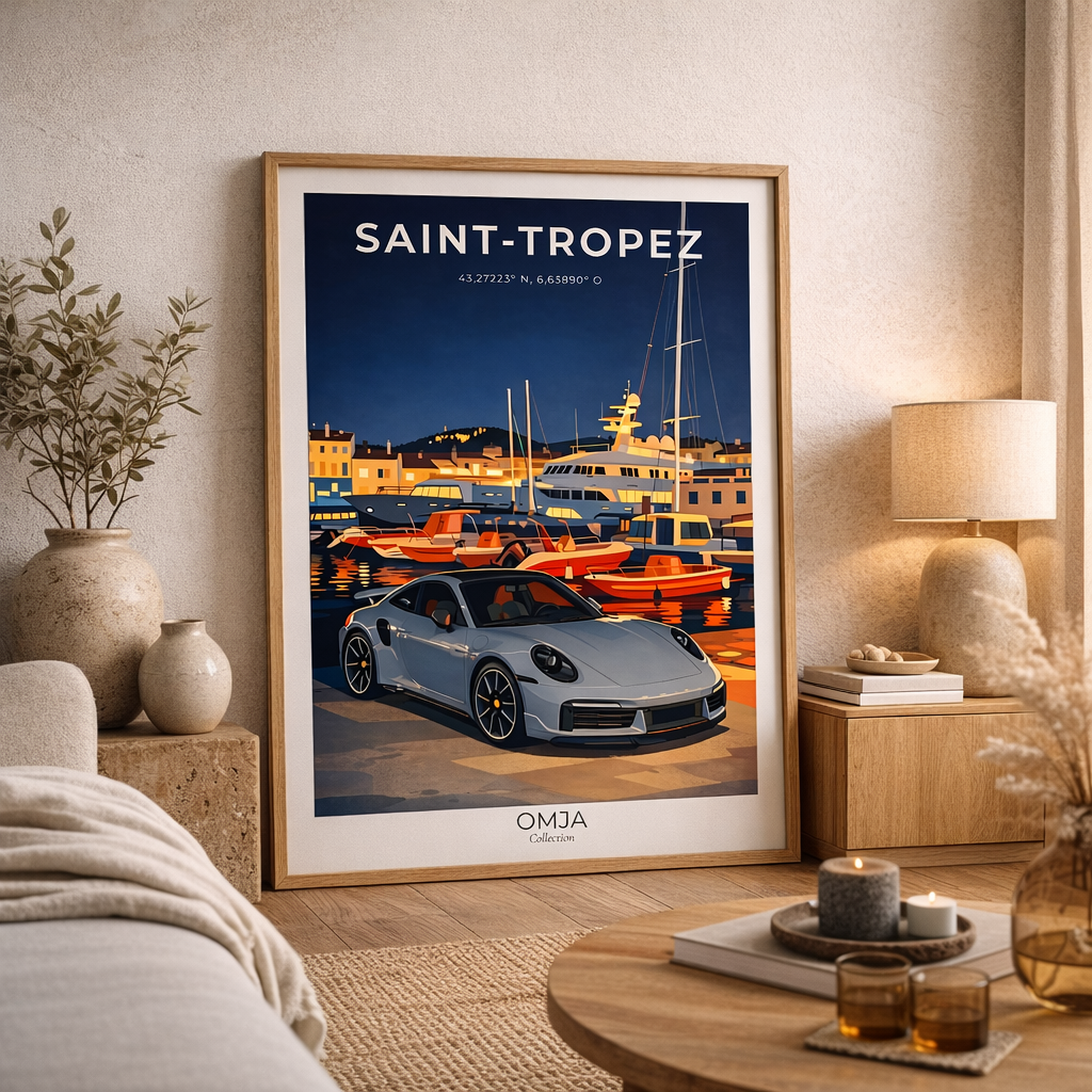 Saint-Tropez French Riviera Poster – Mediterranean Travel Poster, Chic Riviera Decor, Sports Car