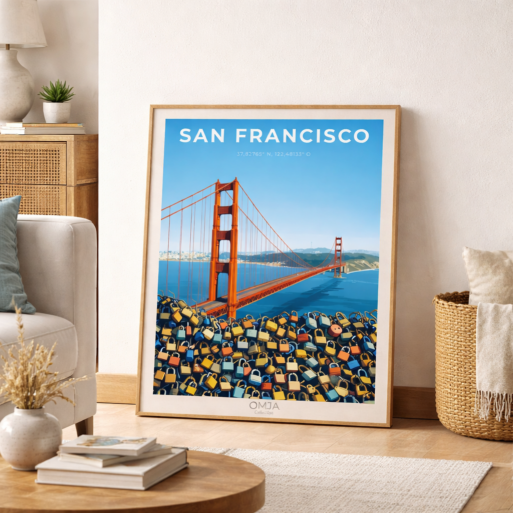 Affiche San Francisco – Golden Gate & Cadenas d’Amour | Poster Voyage Déco Murale Moderne