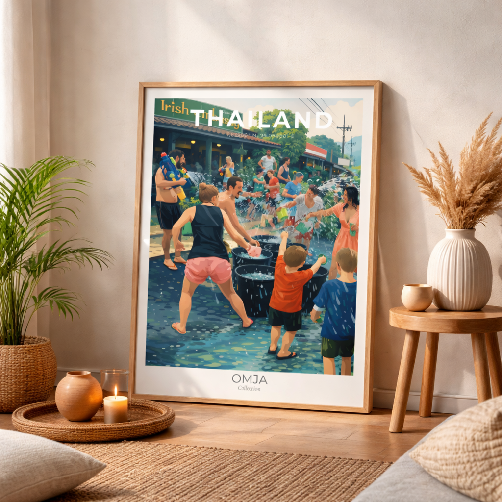 Affiche de voyage Thaïlande – Koh Lanta & Songkran | Poster photo authentique, art mural tropical, déco bohème, cadeau souvenirs