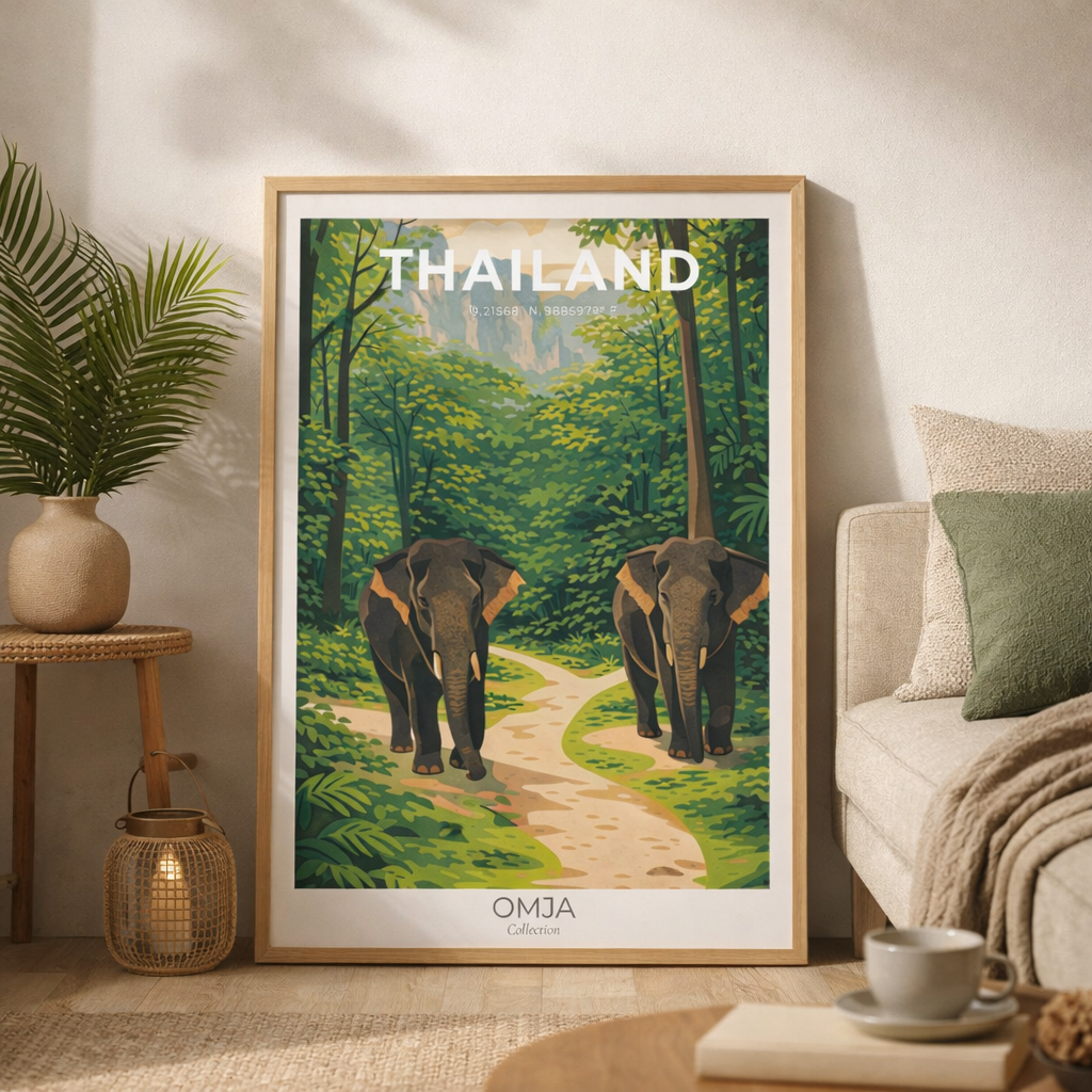 Affiche Thaïlande Nord • Éléphants & jungle tropicale • Poster voyage avec coordonnées GPS • Photo originale de nos aventures