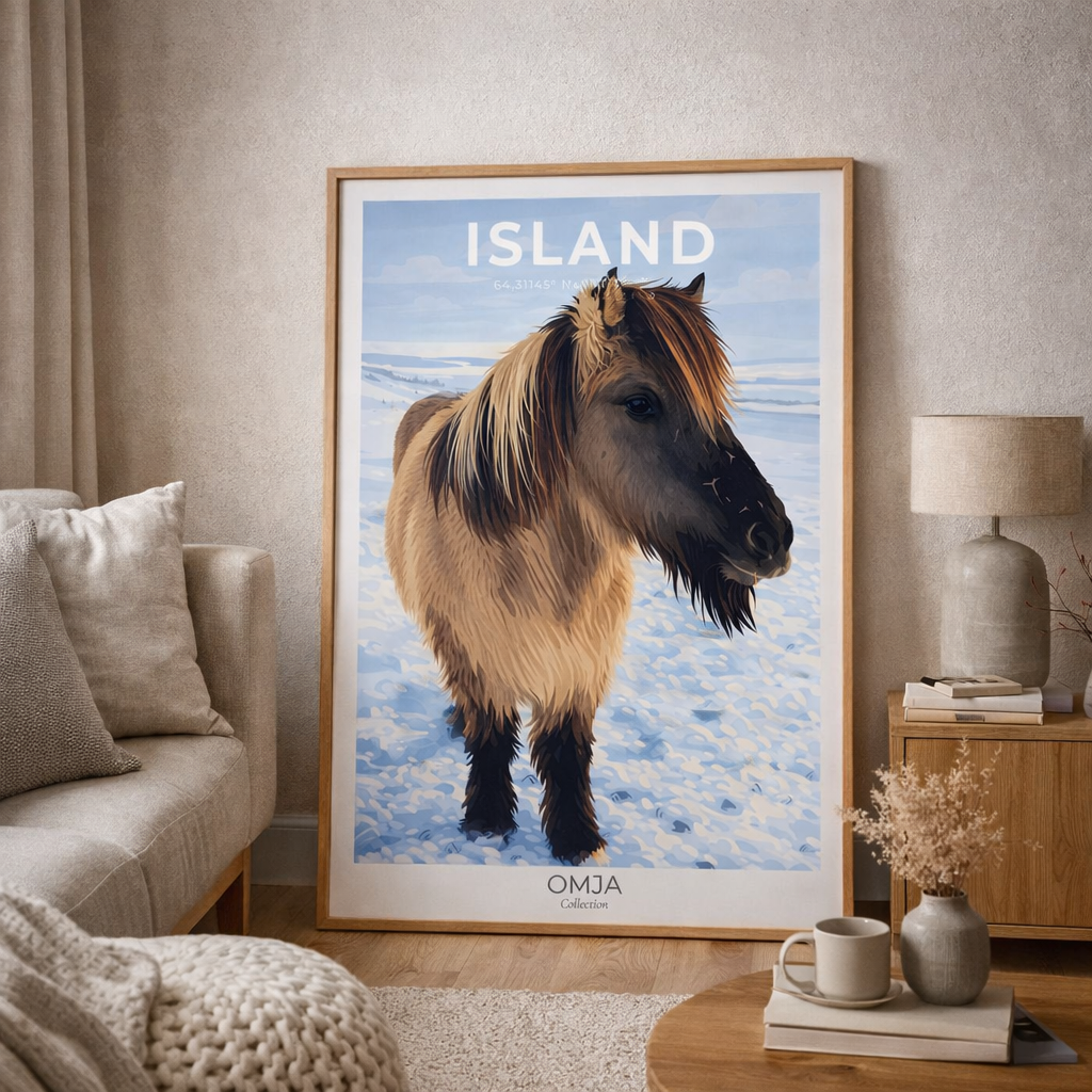 Affiche Islande – Cheval islandais, poster voyage nordique, déco scandinave, cadeau nature