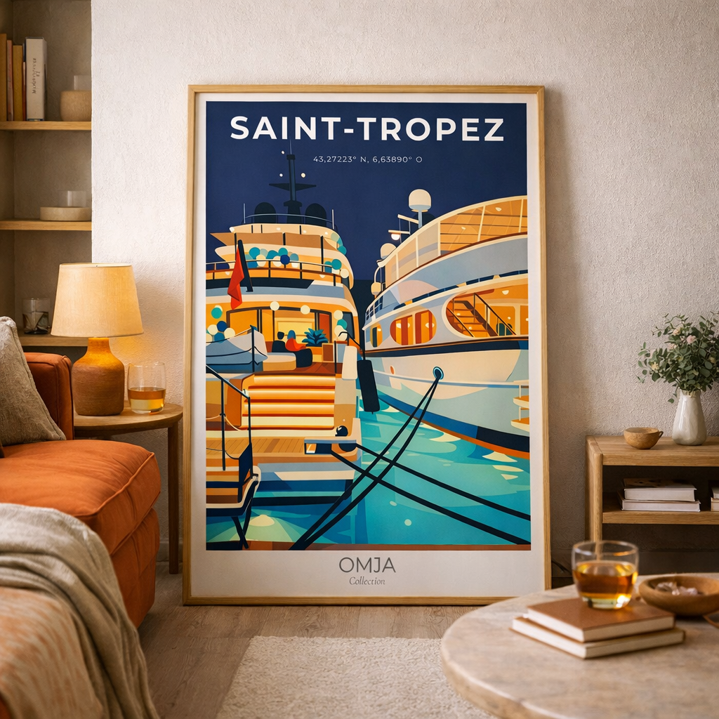 Affiche Saint-Tropez Port – glamour de la Côte d’Azur, poster voyage premium, déco méditerranéenne chic