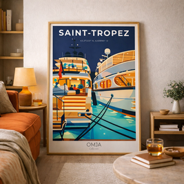 Affiche Saint-Tropez Port – glamour de la Côte d’Azur, poster voyage premium, déco méditerranéenne chic