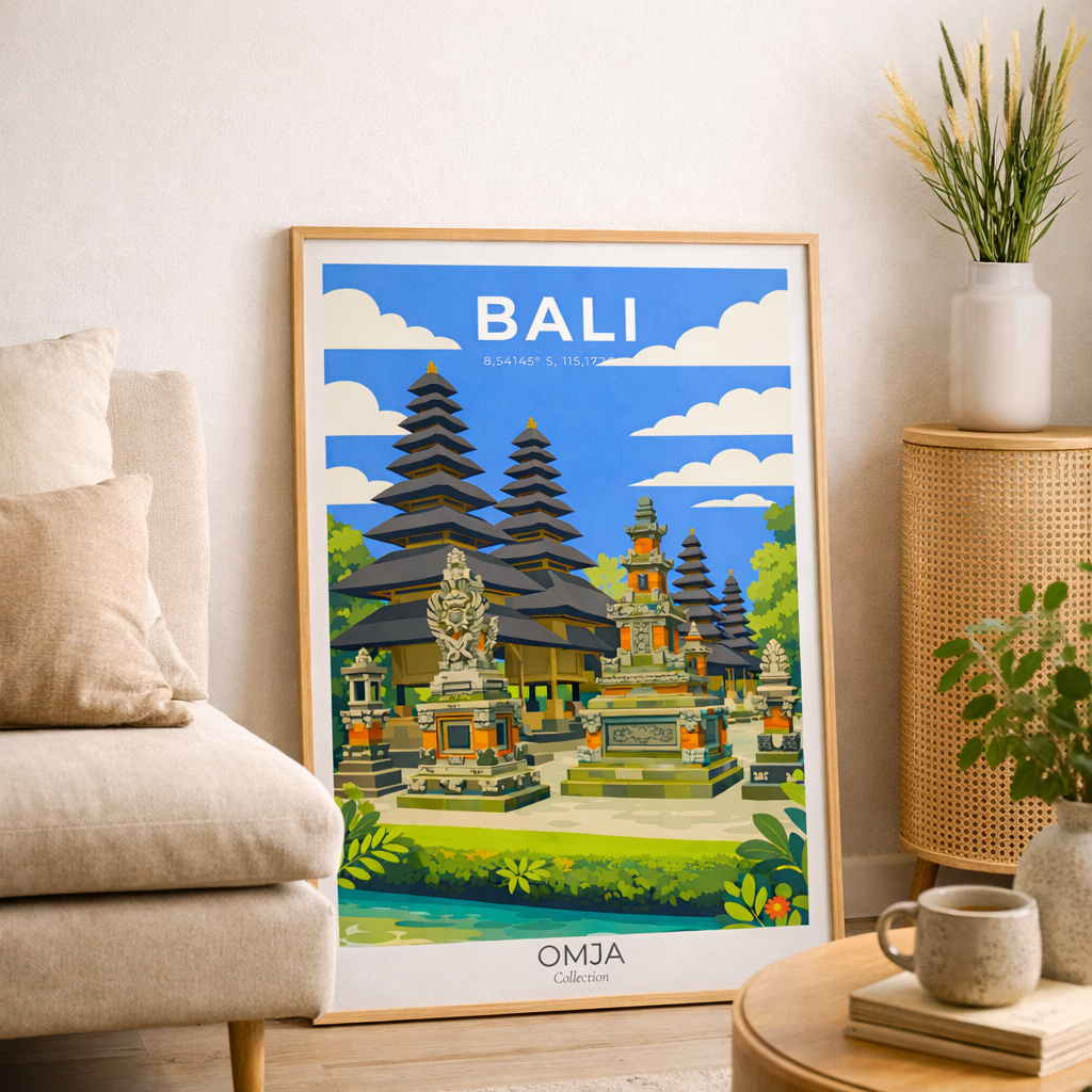 Affiche Bali – Temple Balinais & Évasion Tropicale | Poster Voyage Indonésie | Déco Murale Bohème Chic