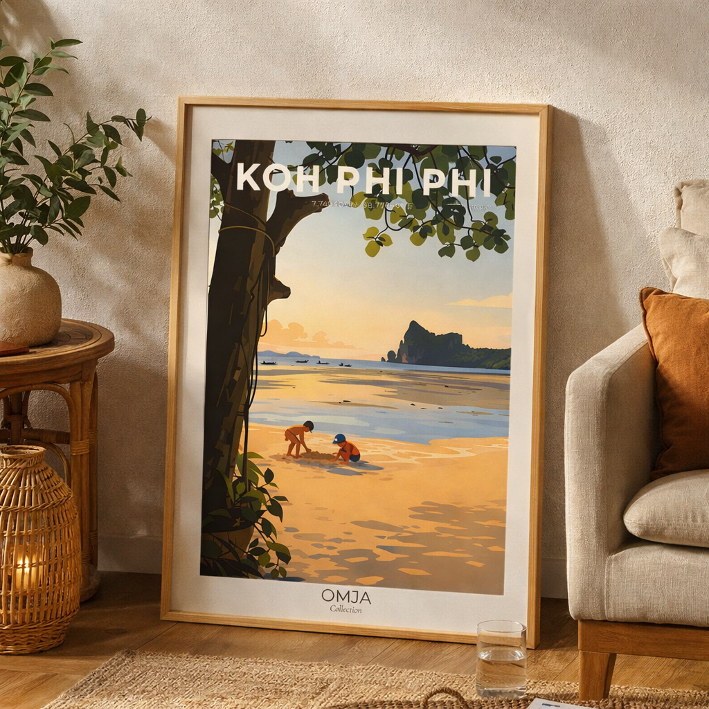 Affiche voyage Koh Phi Phi, Thaïlande – poster photo authentique de nos aventures, coordonnées GPS, déco murale bord de mer