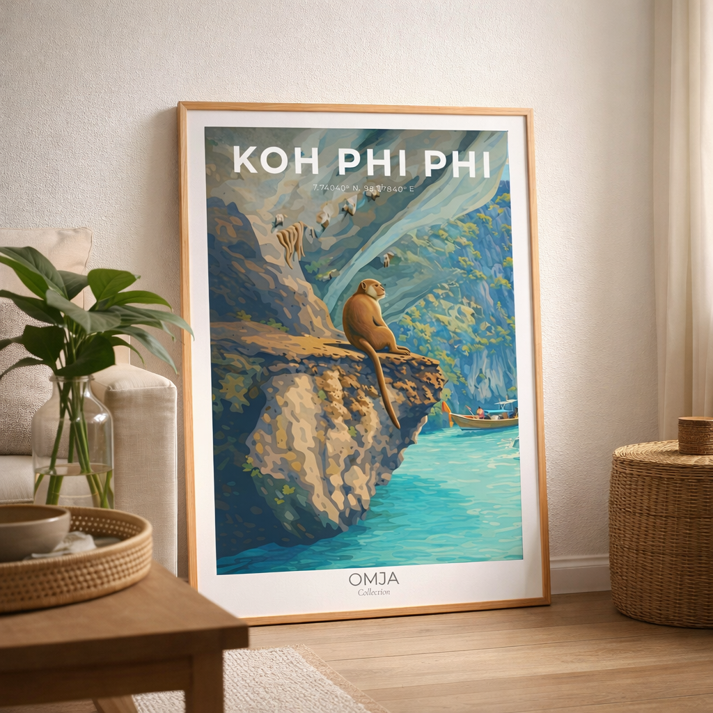 Affiche Koh Phi Phi, Thaïlande – Poster voyage photo authentique, baie turquoise & falaises, déco murale tropicale cadeau