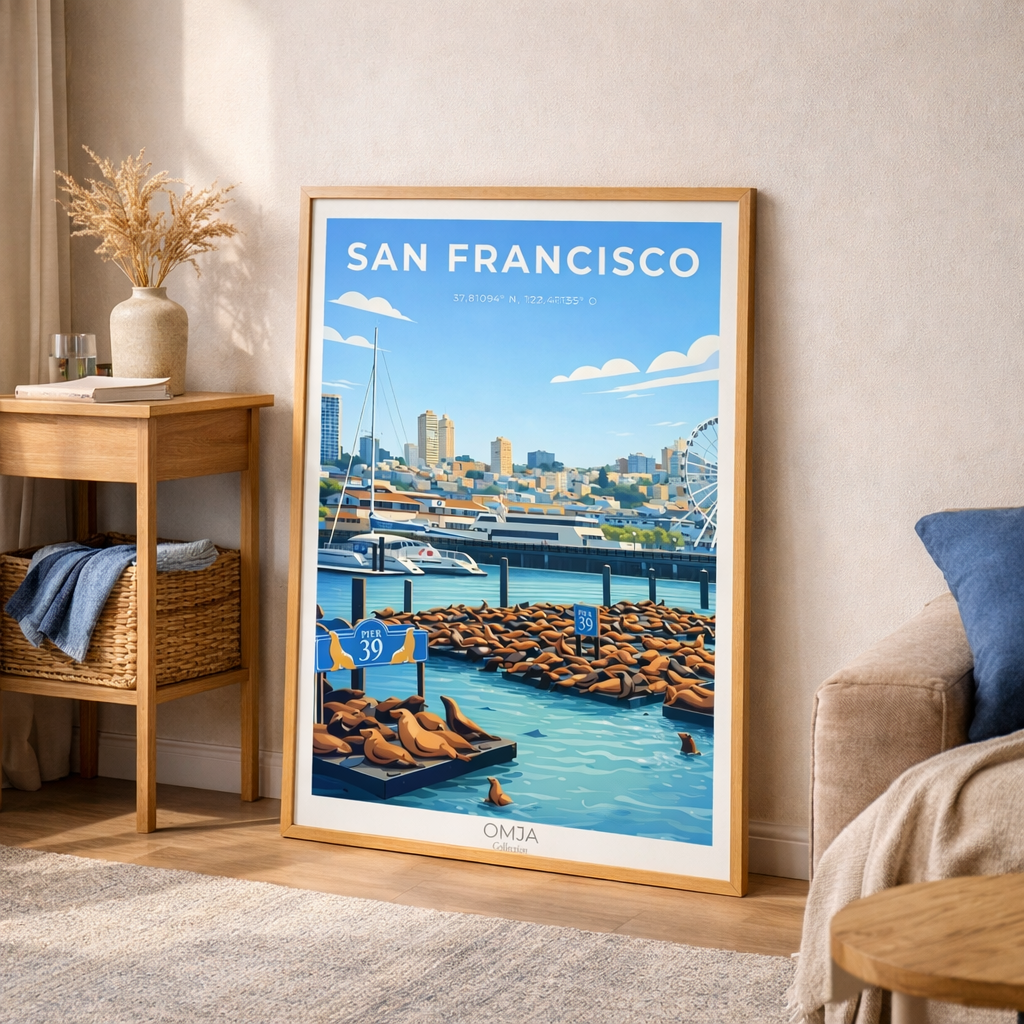 Affiche San Francisco – Pier 39 & Lions de Mer | Poster Voyage Déco Murale