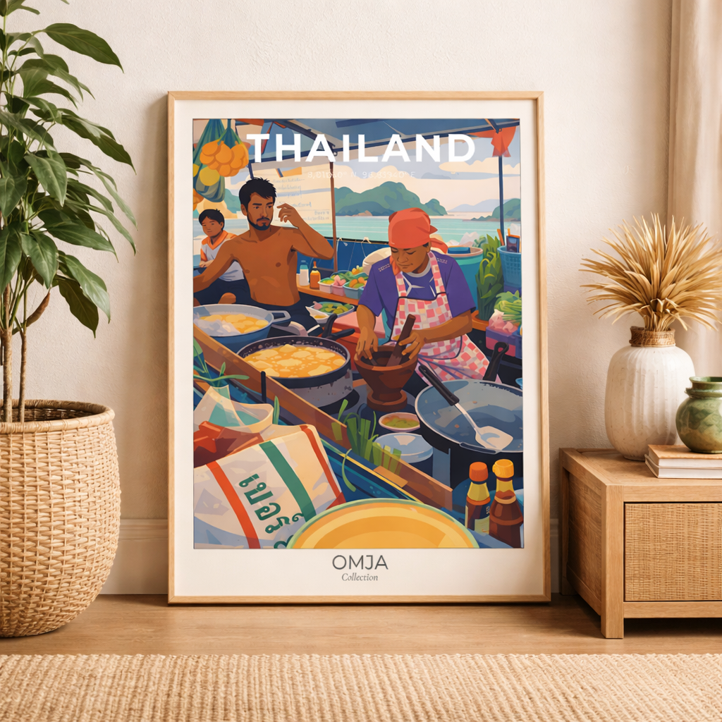 Affiche Thaïlande Railay Beach, Krabi – ambiance street food tropicale, photo de voyage authentique, déco bohème chic murale