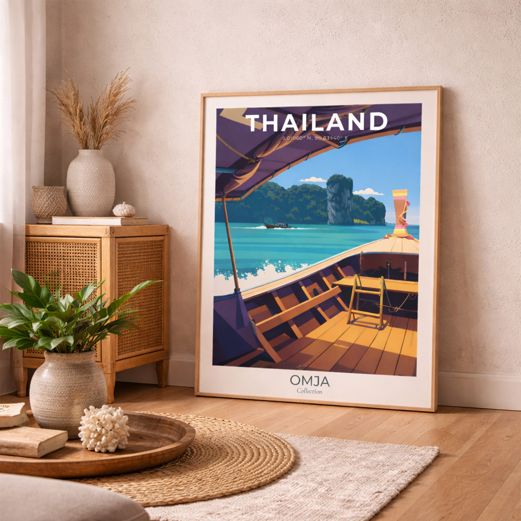 Affiche Thaïlande Krabi – Longtail boat sur la mer d’Andaman | Poster voyage premium | Déco murale bohème chic