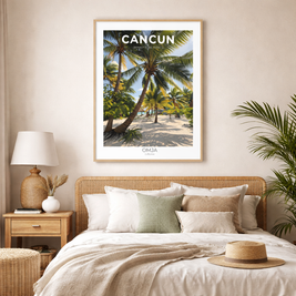 Affiche Cancun Mexique – Plage tropicale & Palmiers | Poster voyage minimaliste, déco bohème chic Caraïbes mexicaines