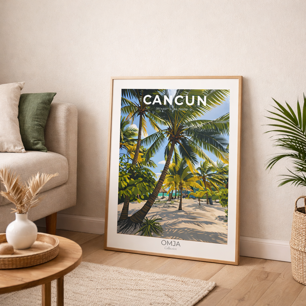 Affiche Cancun Mexique – Plage tropicale & Palmiers | Poster voyage minimaliste, déco bohème chic Caraïbes mexicaines