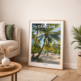Affiche Cancun Mexique – Plage tropicale & Palmiers | Poster voyage minimaliste, déco bohème chic Caraïbes mexicaines