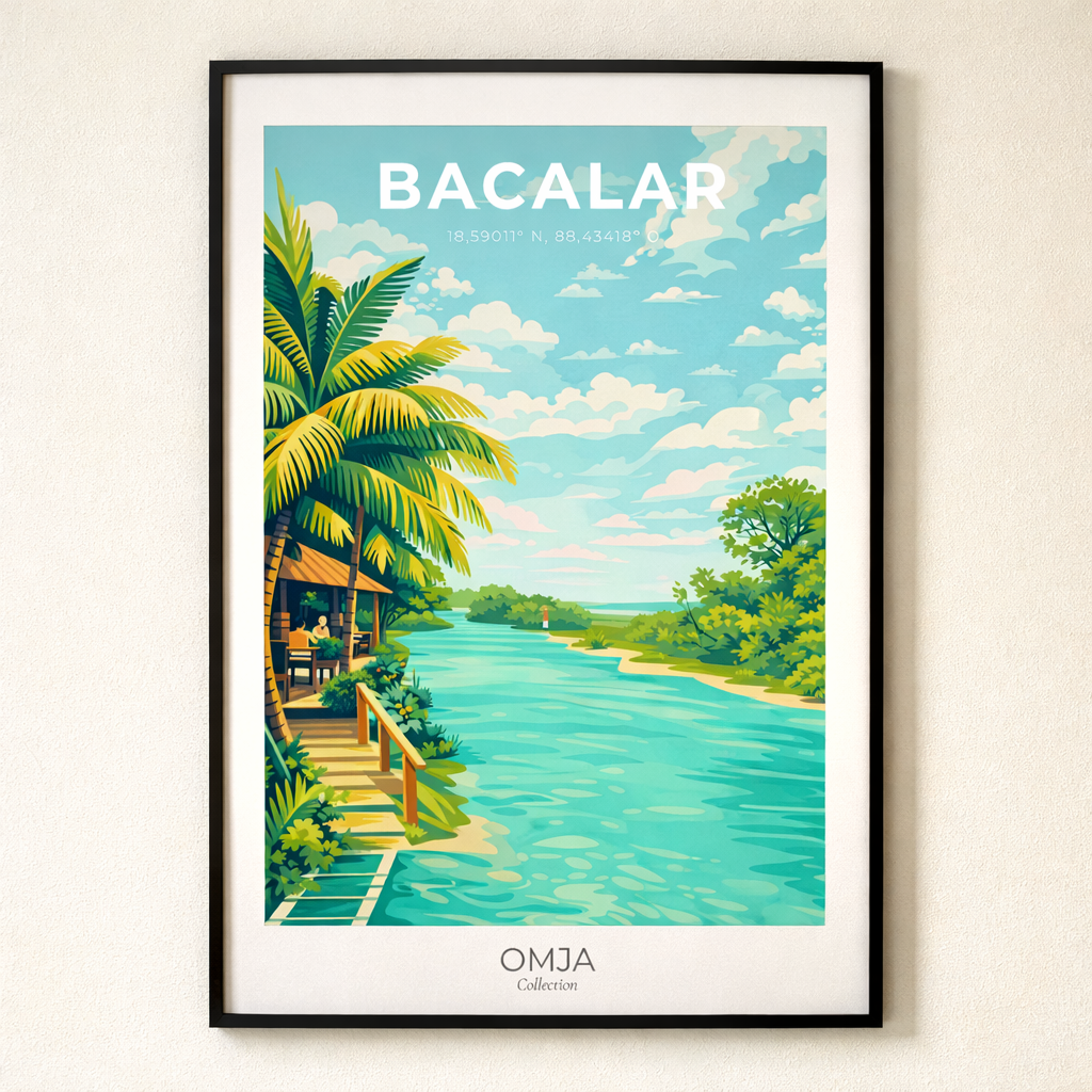 Affiche Bacalar Mexique – Poster lagune turquoise, déco murale tropicale chic, souvenir de voyage authentique