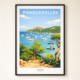 Affiche Porquerolles – Côte d’Azur | Poster de voyage Méditerranée | Déco murale bord de mer élégante