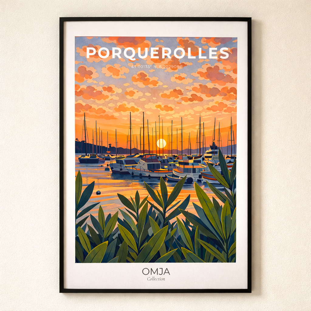Affiche Porquerolles – Port au Coucher de Soleil & Ambiance Méditerranéenne | Poster Voyage Bord de Mer