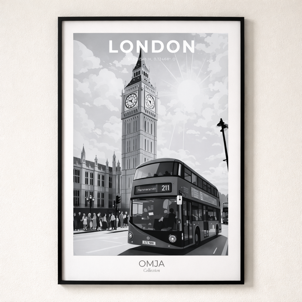 Affiche Londres vintage – Poster London Big Ben & bus iconique, déco murale chic, souvenir de voyage authentique