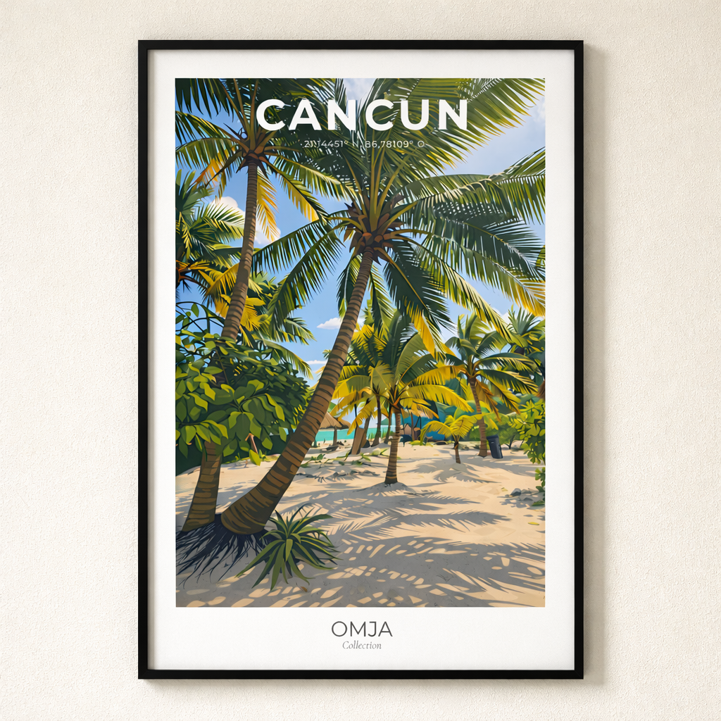 Affiche Cancun Mexique – Plage tropicale & Palmiers | Poster voyage minimaliste, déco bohème chic Caraïbes mexicaines