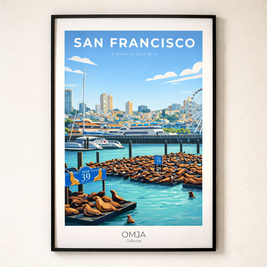 Affiche San Francisco – Pier 39 & Lions de Mer | Poster Voyage Déco Murale