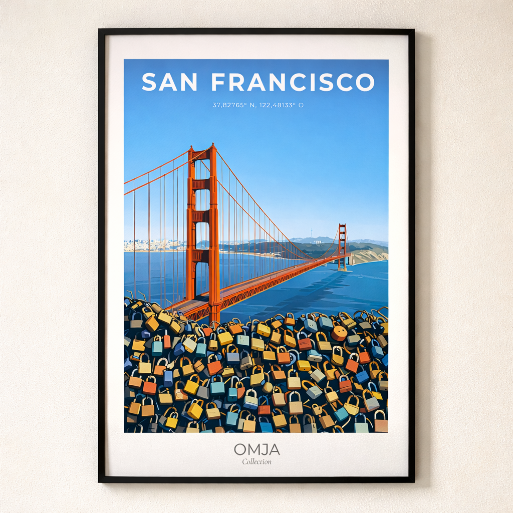 Affiche San Francisco – Golden Gate & Cadenas d’Amour | Poster Voyage Déco Murale Moderne