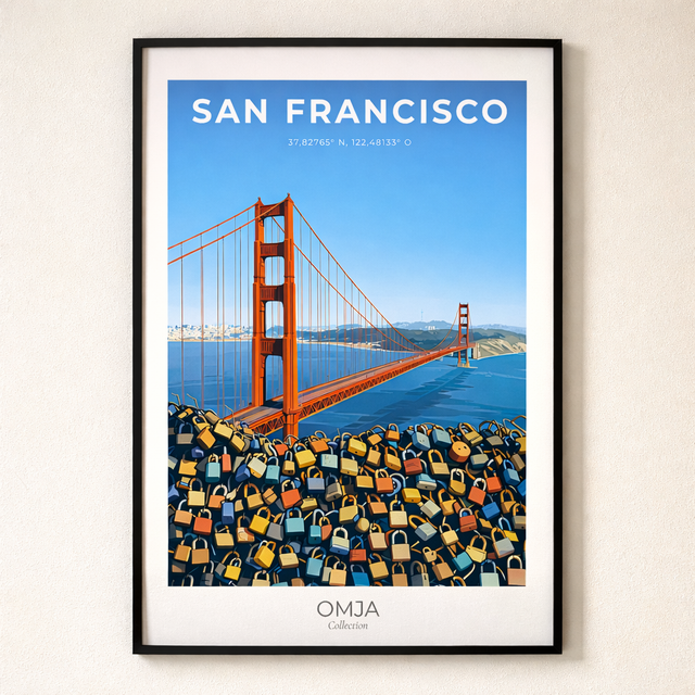 Affiche San Francisco – Golden Gate & Cadenas d’Amour | Poster Voyage Déco Murale Moderne