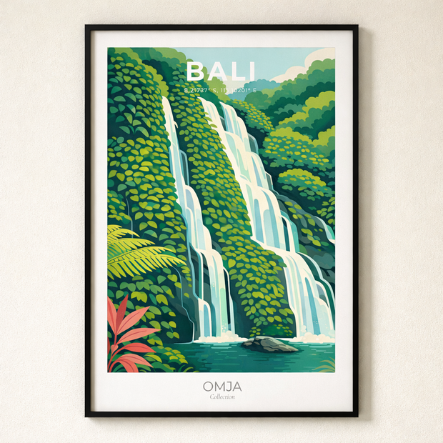 Affiche Bali Cascade – Poster voyage jungle tropicale, déco murale premium, cadeau souvenir Indonésie