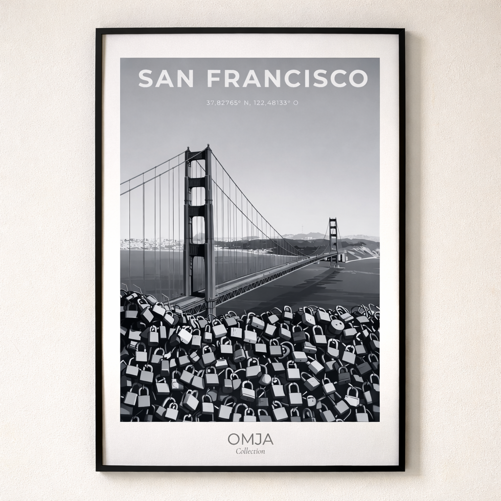 Affiche San Francisco Noir et Blanc – Golden Gate Bridge & Cadenas d’Amour | Poster Voyage Élégant