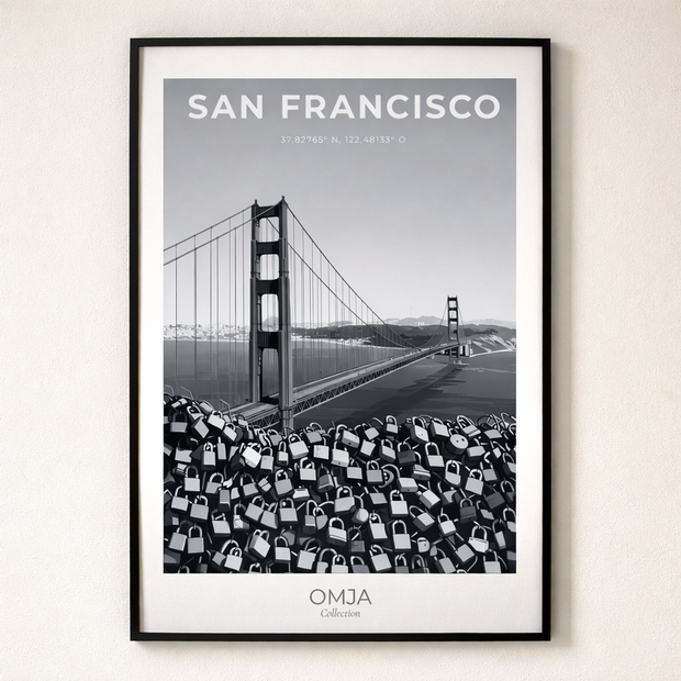 Affiche San Francisco Noir et Blanc – Golden Gate Bridge & Cadenas d’Amour | Poster Voyage Élégant
