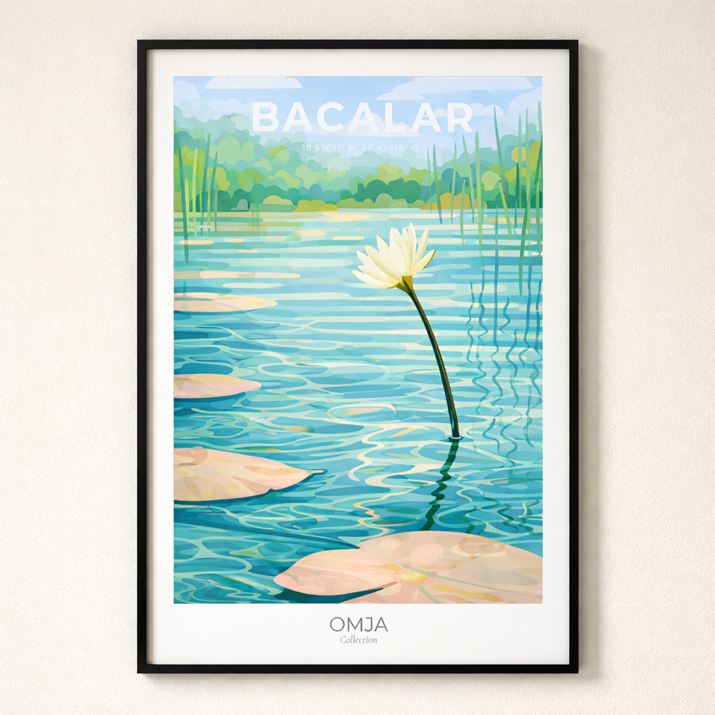 Affiche Bacalar Mexique – Lagune aux 7 Couleurs & Nature Tropicale – Poster Voyage Déco Bohème – Nénuphars au soleil