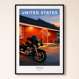 Affiche voyage Yosemite, Californie – Poster United States sunset road trip moto, déco murale vintage moderne