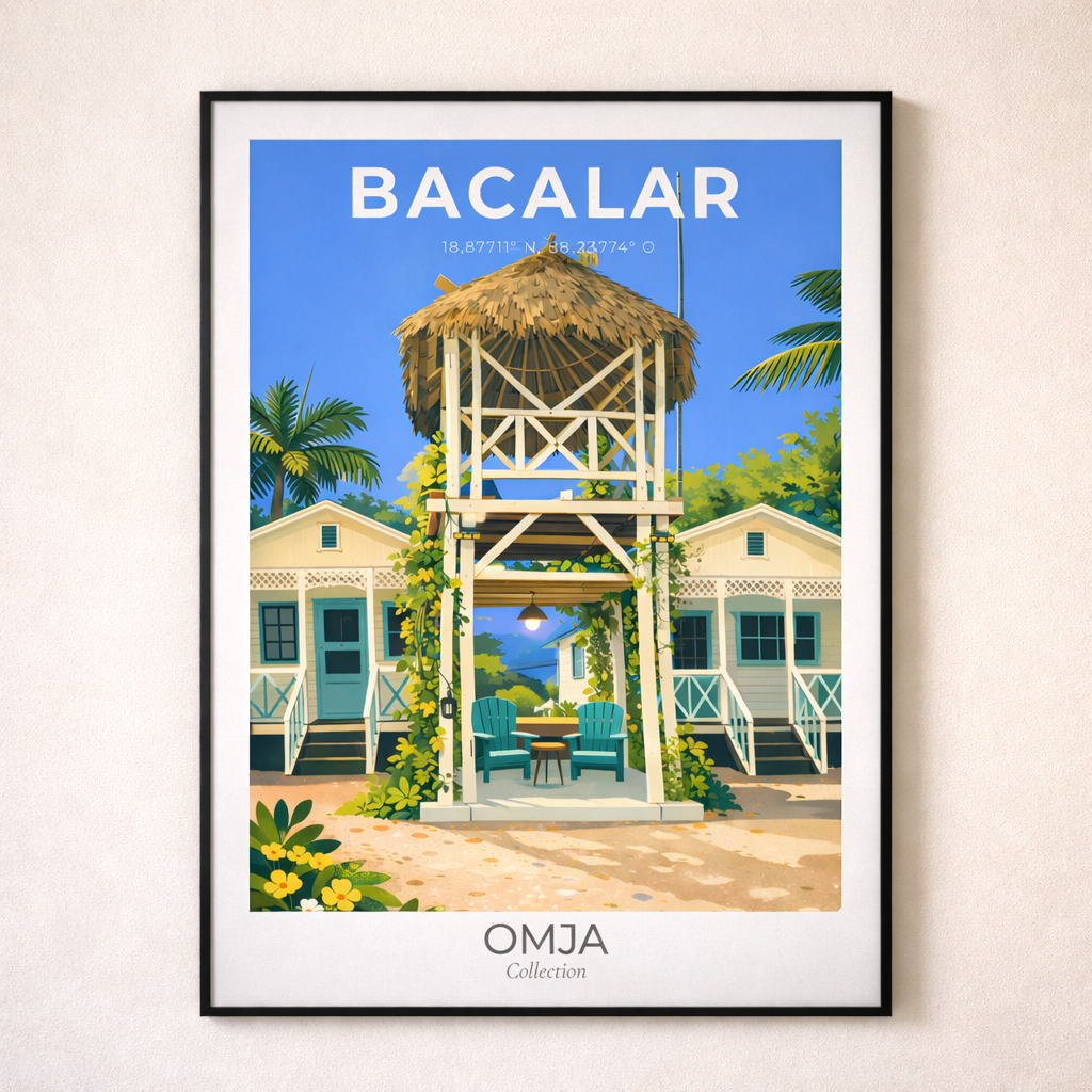Affiche Bacalar Mexique – Lagune des 7 Couleurs, Riviera Maya | Poster voyage tropical, déco bohème chic