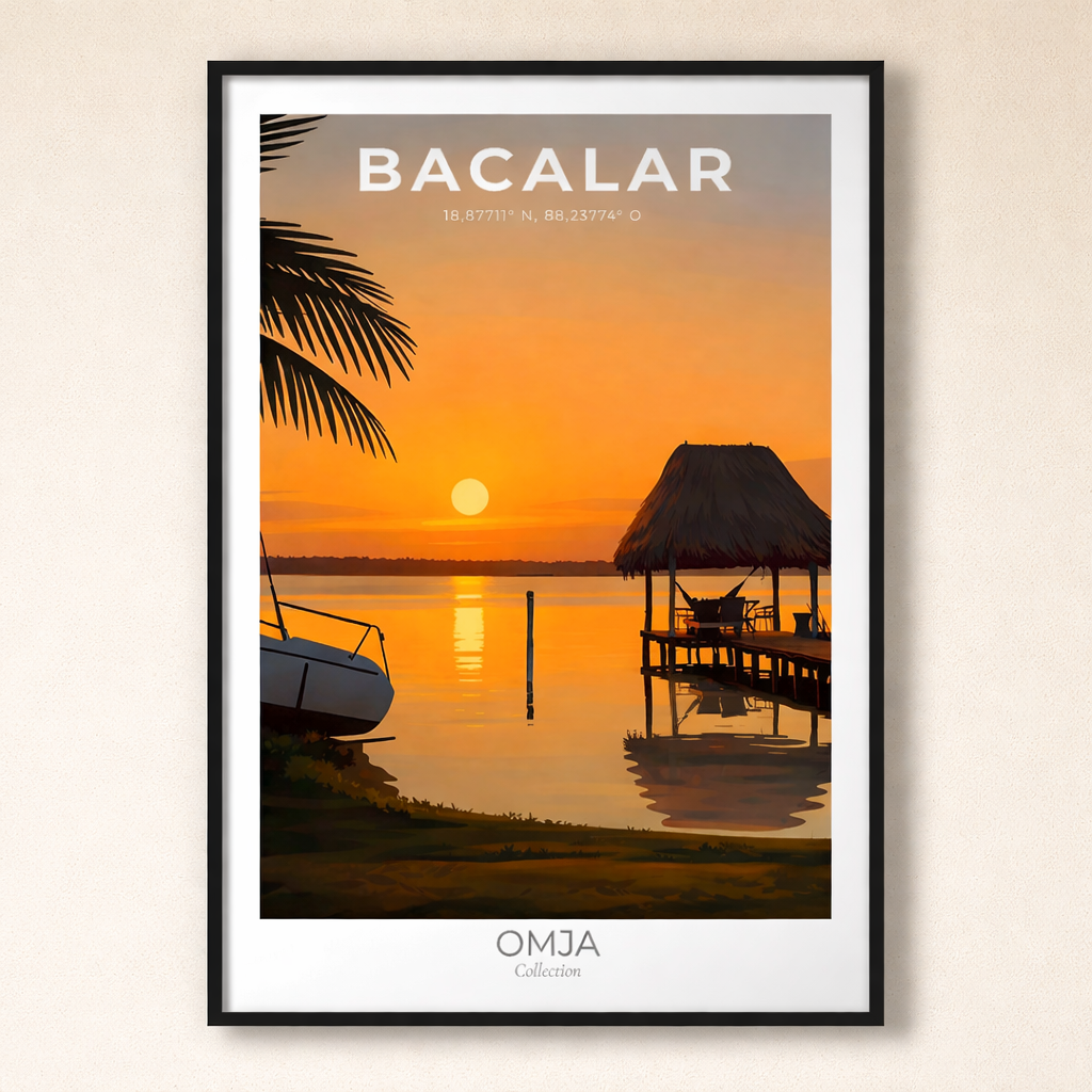 Affiche Bacalar – Mexique | Poster coucher de soleil lagune | Déco murale tropicale chic, ambiance bohème & apaisante