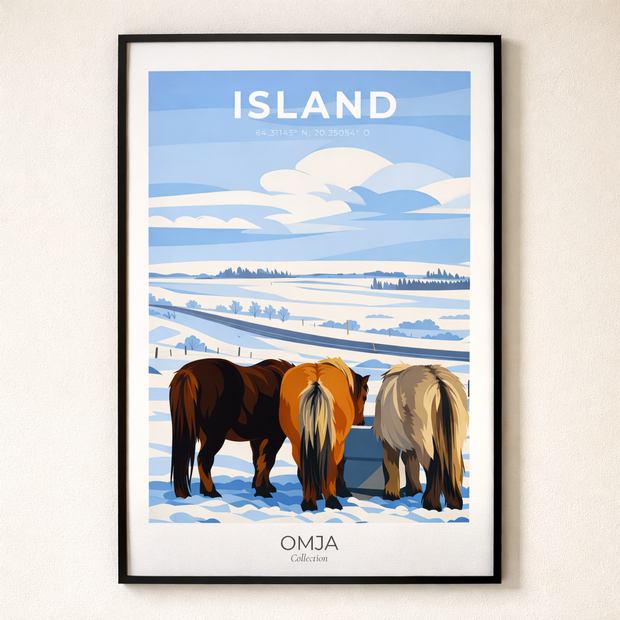 Affiche Islande – Chevaux islandais en hiver | Poster voyage nordique minimaliste | Décoration murale scandinave