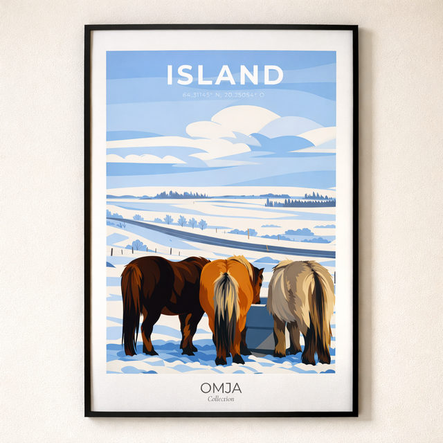 Affiche Islande – Chevaux islandais en hiver | Poster voyage nordique minimaliste | Décoration murale scandinave