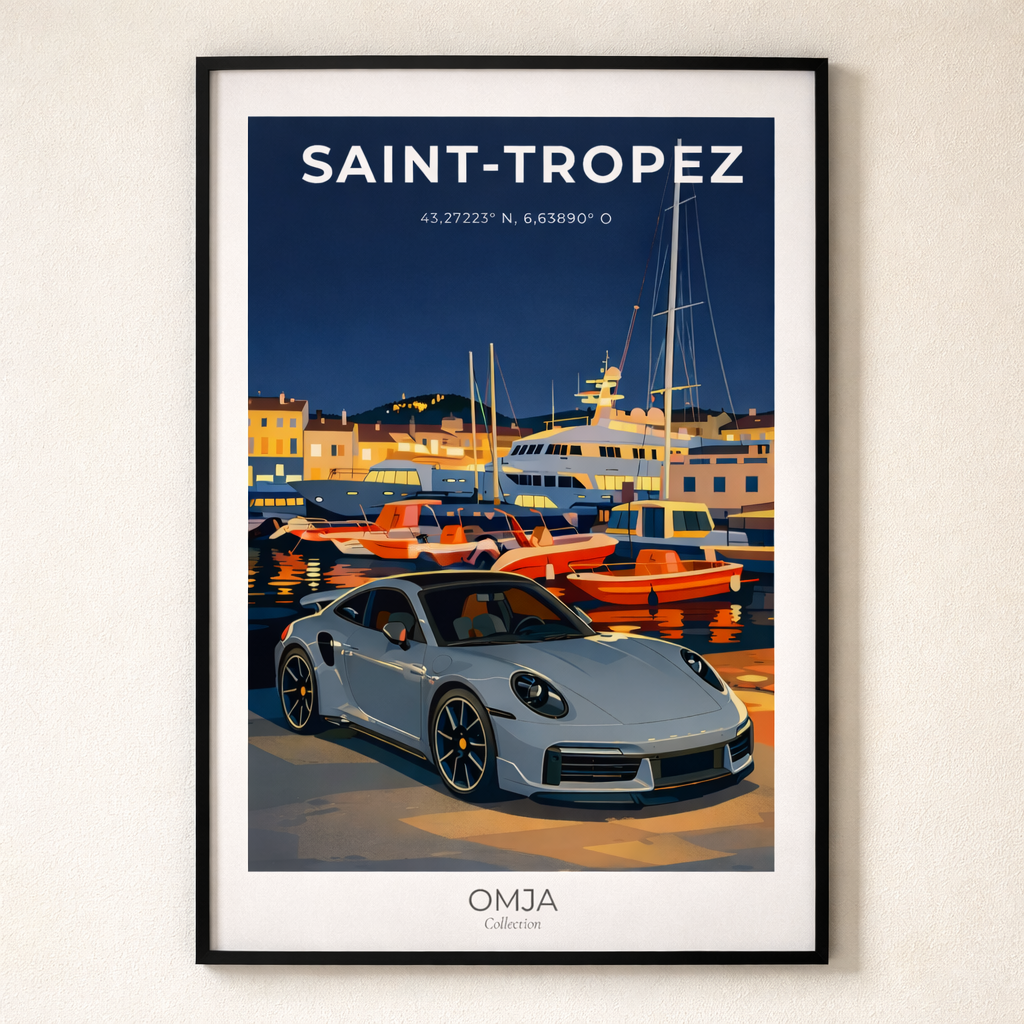 Saint-Tropez French Riviera Poster – Mediterranean Travel Poster, Chic Riviera Decor, Sports Car