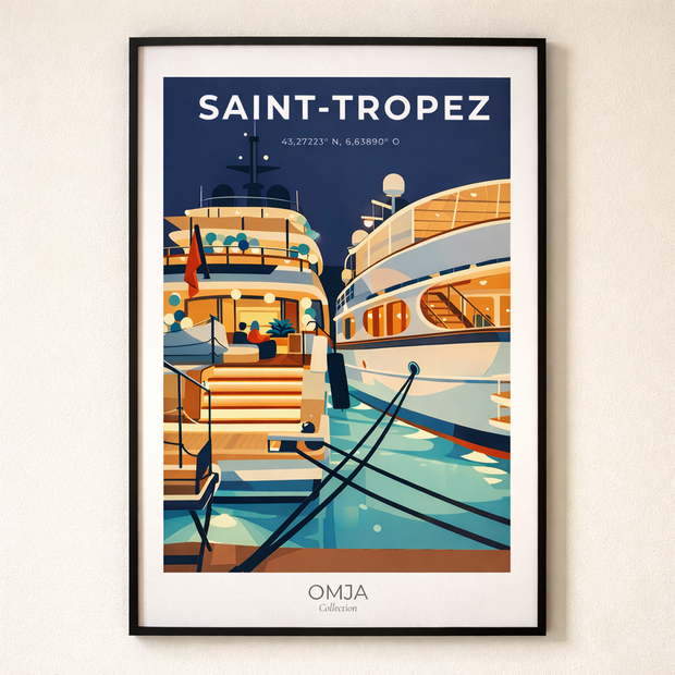 Affiche Saint-Tropez Port – glamour de la Côte d’Azur, poster voyage premium, déco méditerranéenne chic