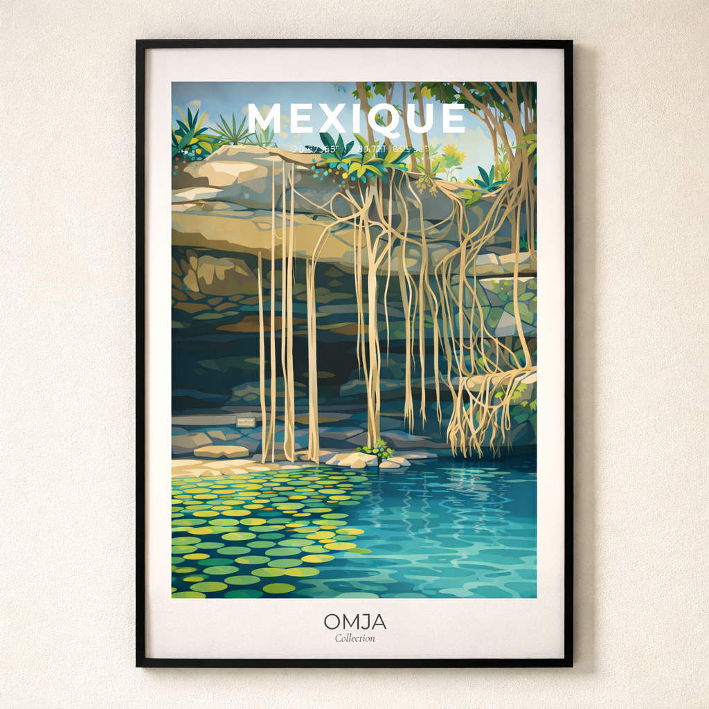 Affiche Mexique – Cénote Tropical & Racines Suspendues | Poster Voyage Nature Déco Murale